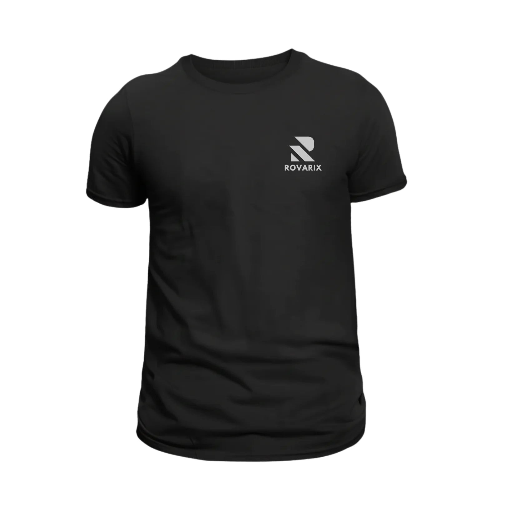 Rovarix black crew neck t-shirt front view with logo on left chest