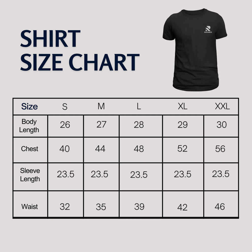 Black t-shirt with size chart on a light gray background