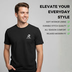 Man wearing a black t-shirt with a brand logo on a gray background, featuring text about the t-shirt's features.