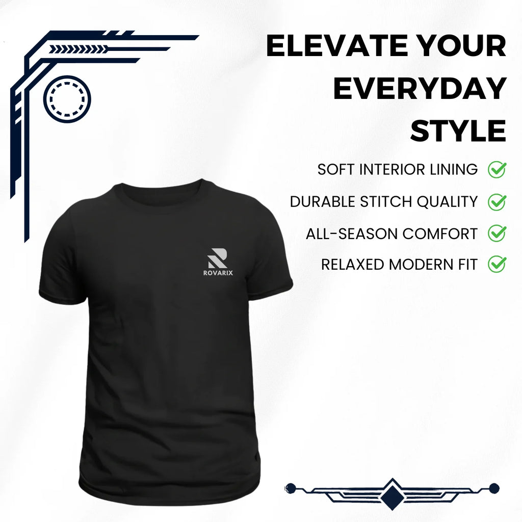 Rovarix black t-shirt Front view showing clean minimal design