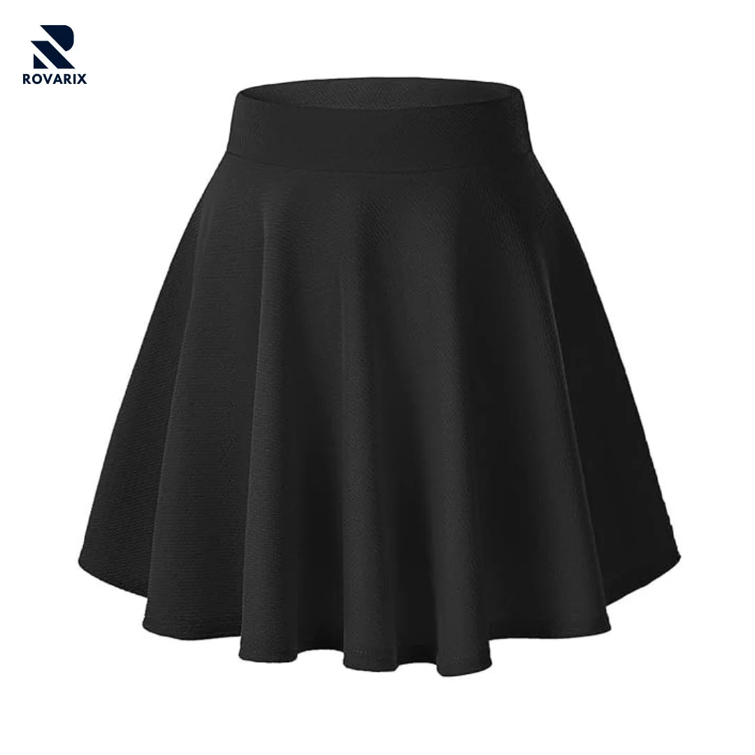Rovarix women's black skater skirt A-line flared high-waisted elastic waist stretch fabric 