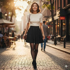 oman wearing Rovarix black skater skirt with cream top walking on sunny European city street