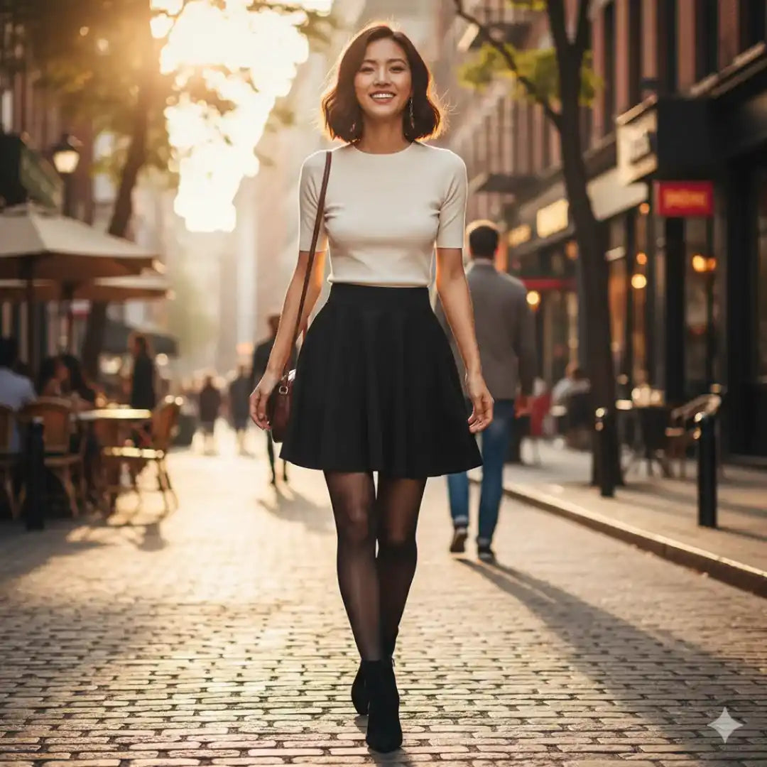 oman wearing Rovarix black skater skirt with cream top walking on sunny European city street
