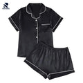 Rovarix black women's pajama set with white piping short-sleeve top and shorts 2-piece sleepwear