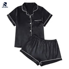 Rovarix black women's pajama set with white piping short-sleeve top and shorts 2-piece sleepwear
