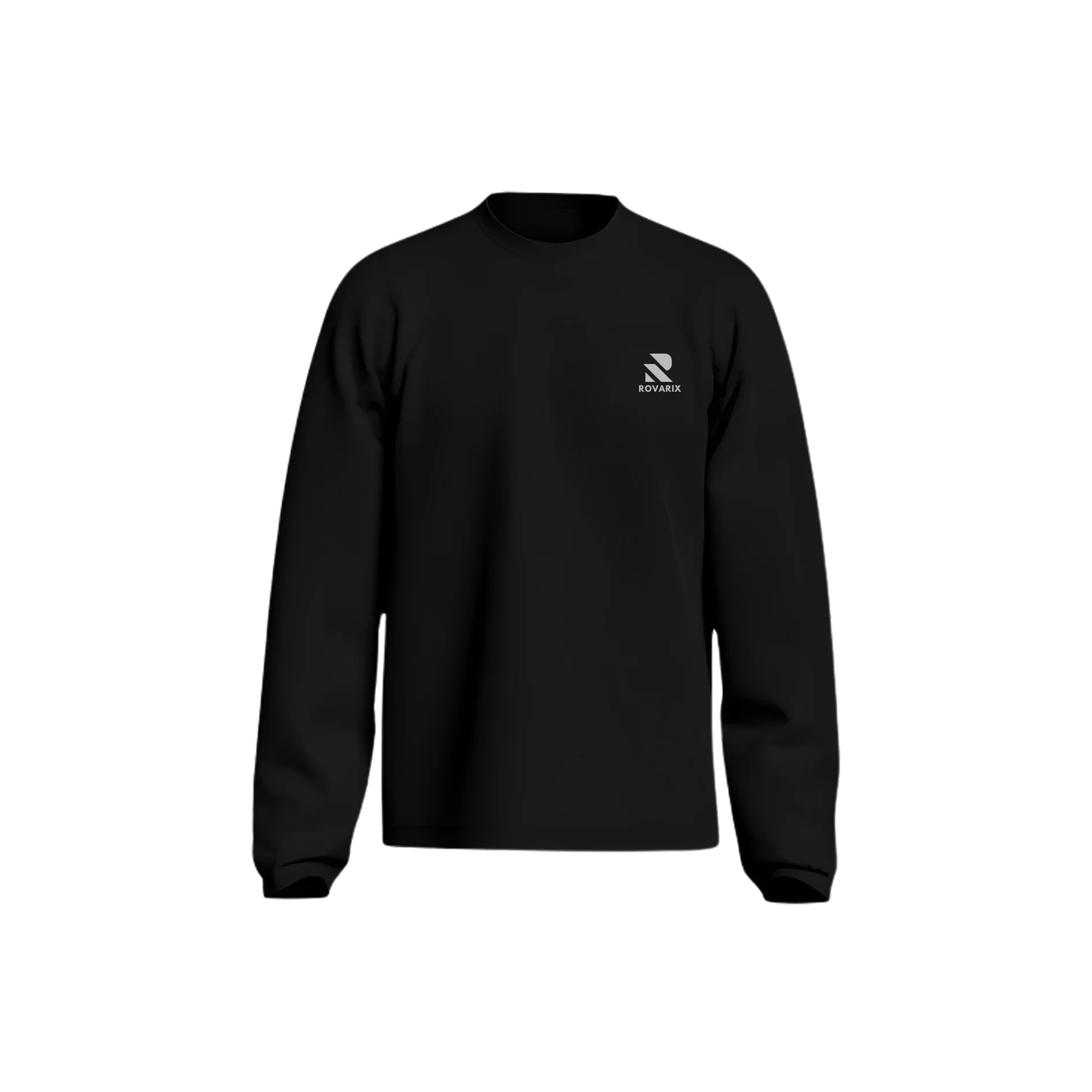 Rovarix black crewneck sweatshirt front view with white logo on chest