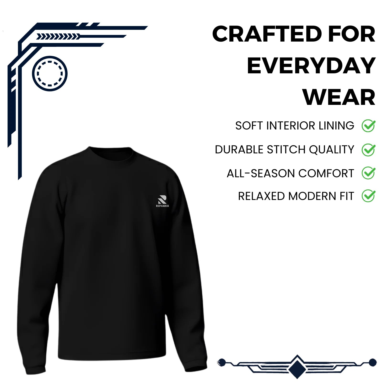 Rovarix black sweatshirt Front view showing minimal clean design