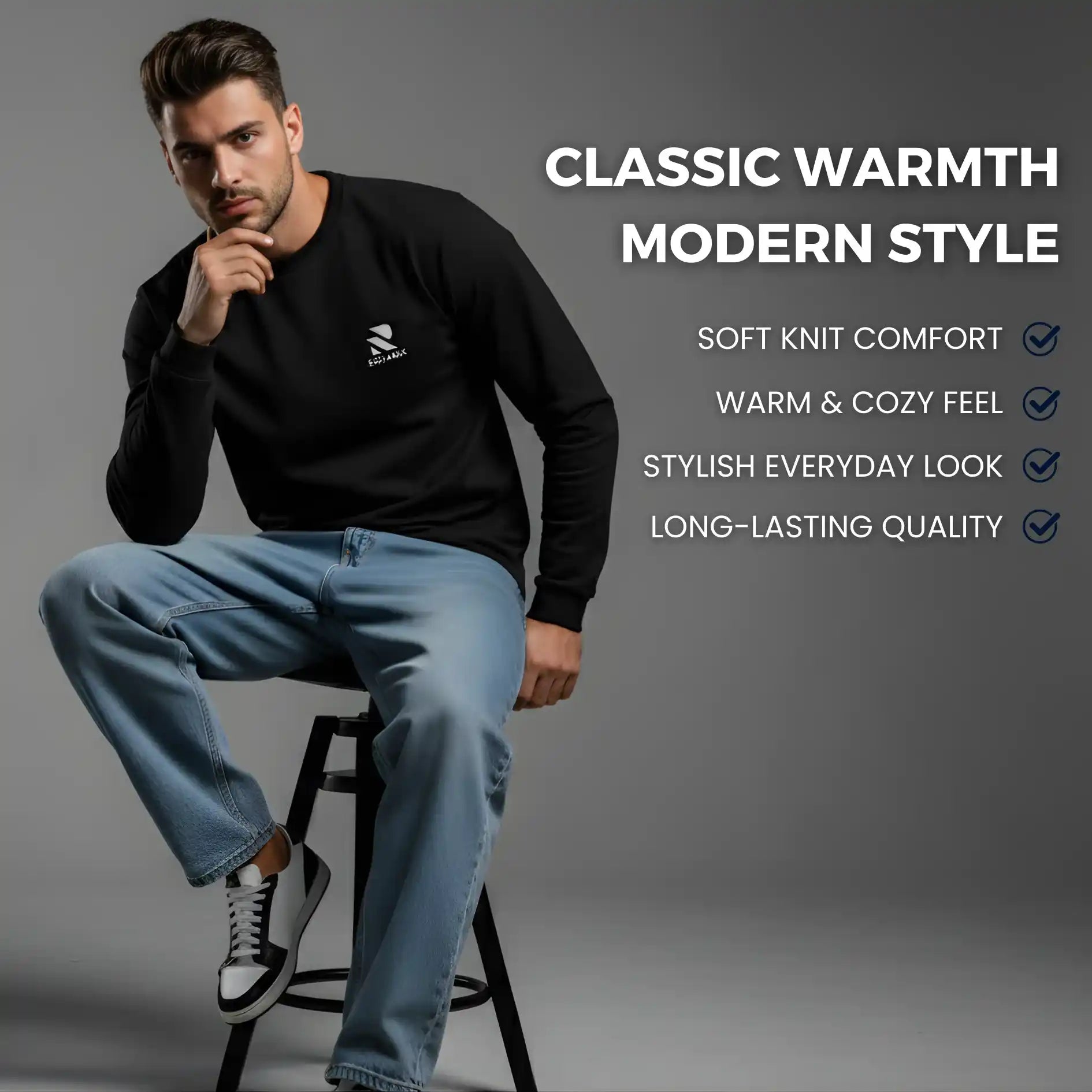 Man sitting on a stool wearing a black Rovarix Sweatshirt and blue jeans with text highlighting product features.