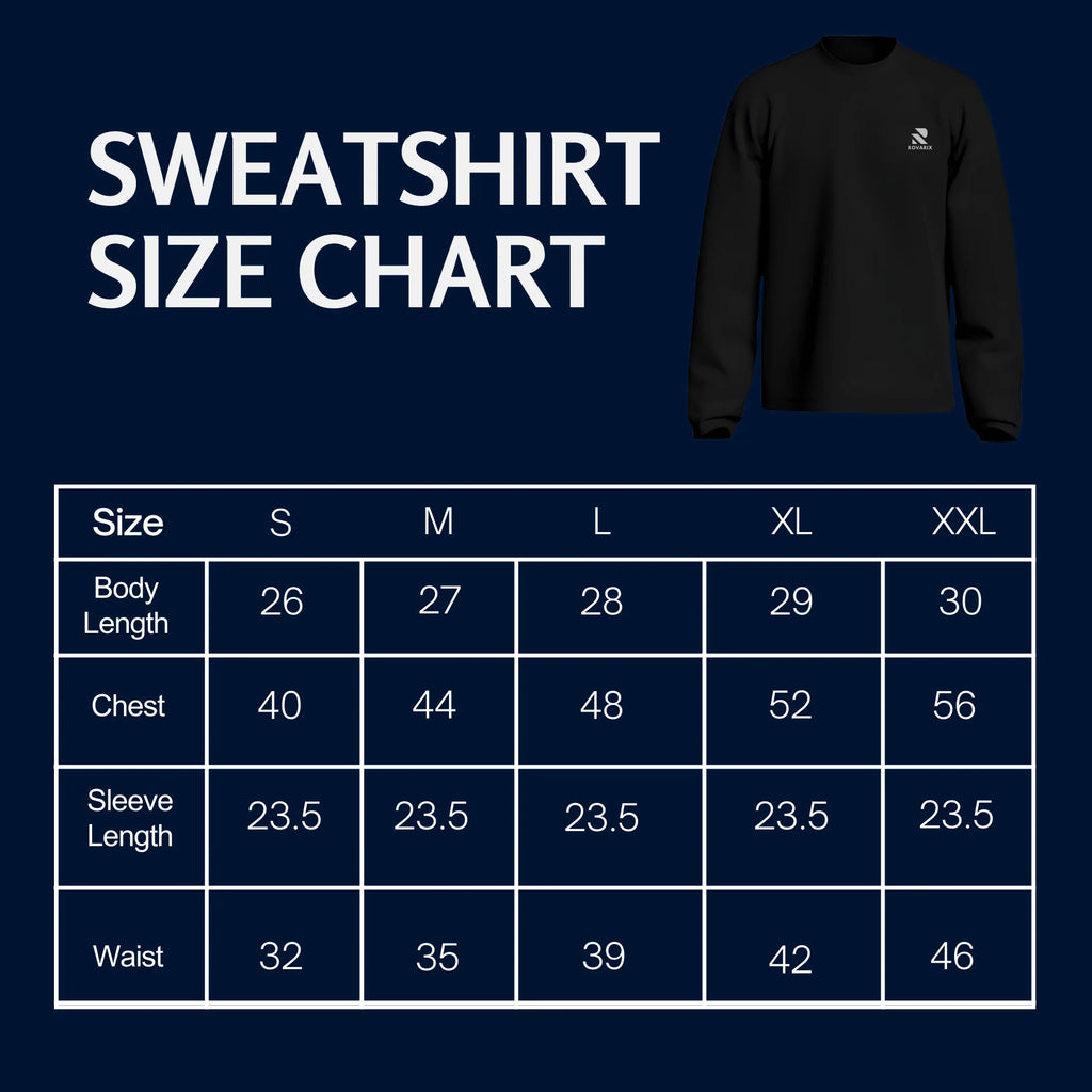 Rovarix Black sweatshirt with size chart on a navy background