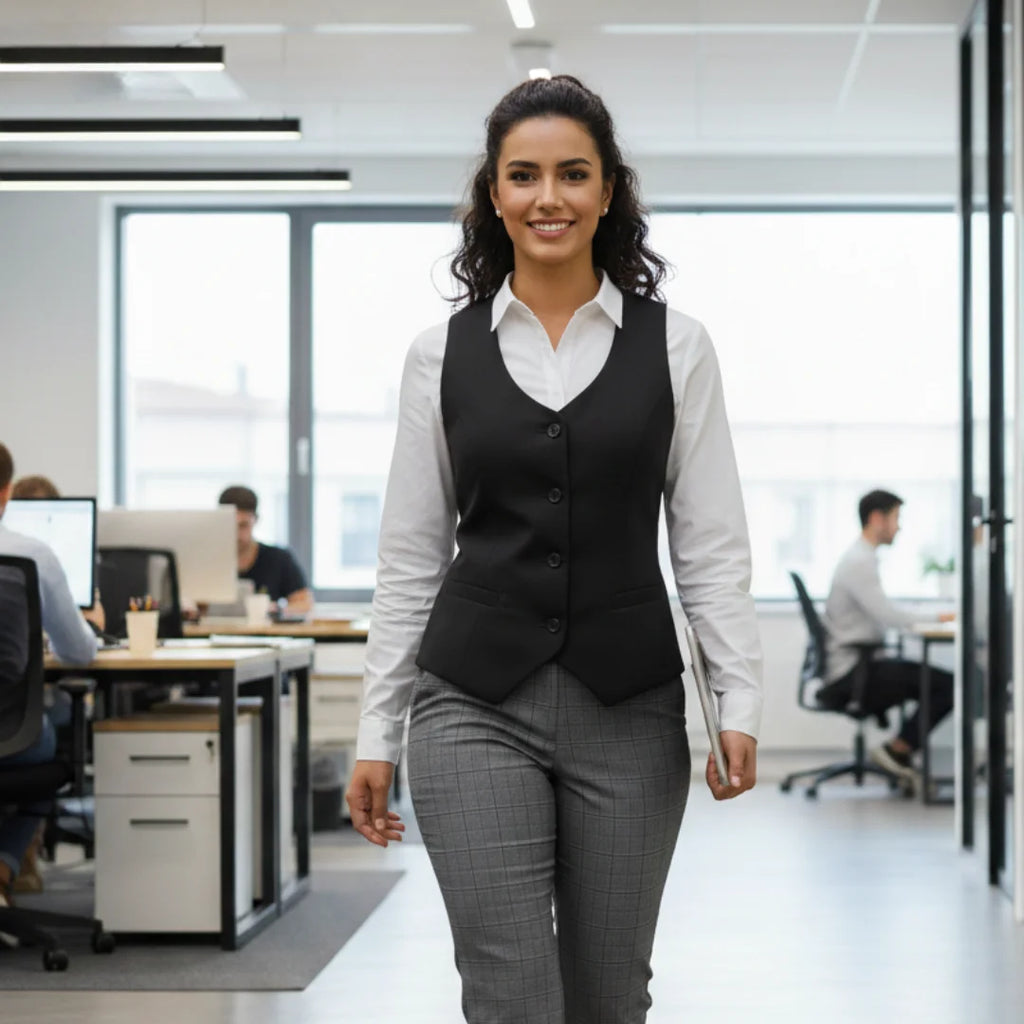 Professional woman wearing Rovarix black tailored vest with white dress shirt and gray trousers in modern corporate office