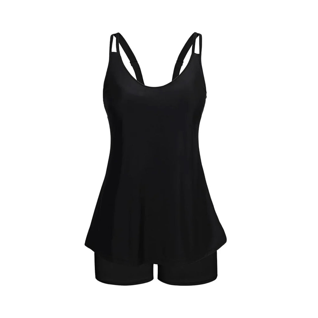 Rovarix women's black tankini bathing suit flared top double shoulder straps swim shorts