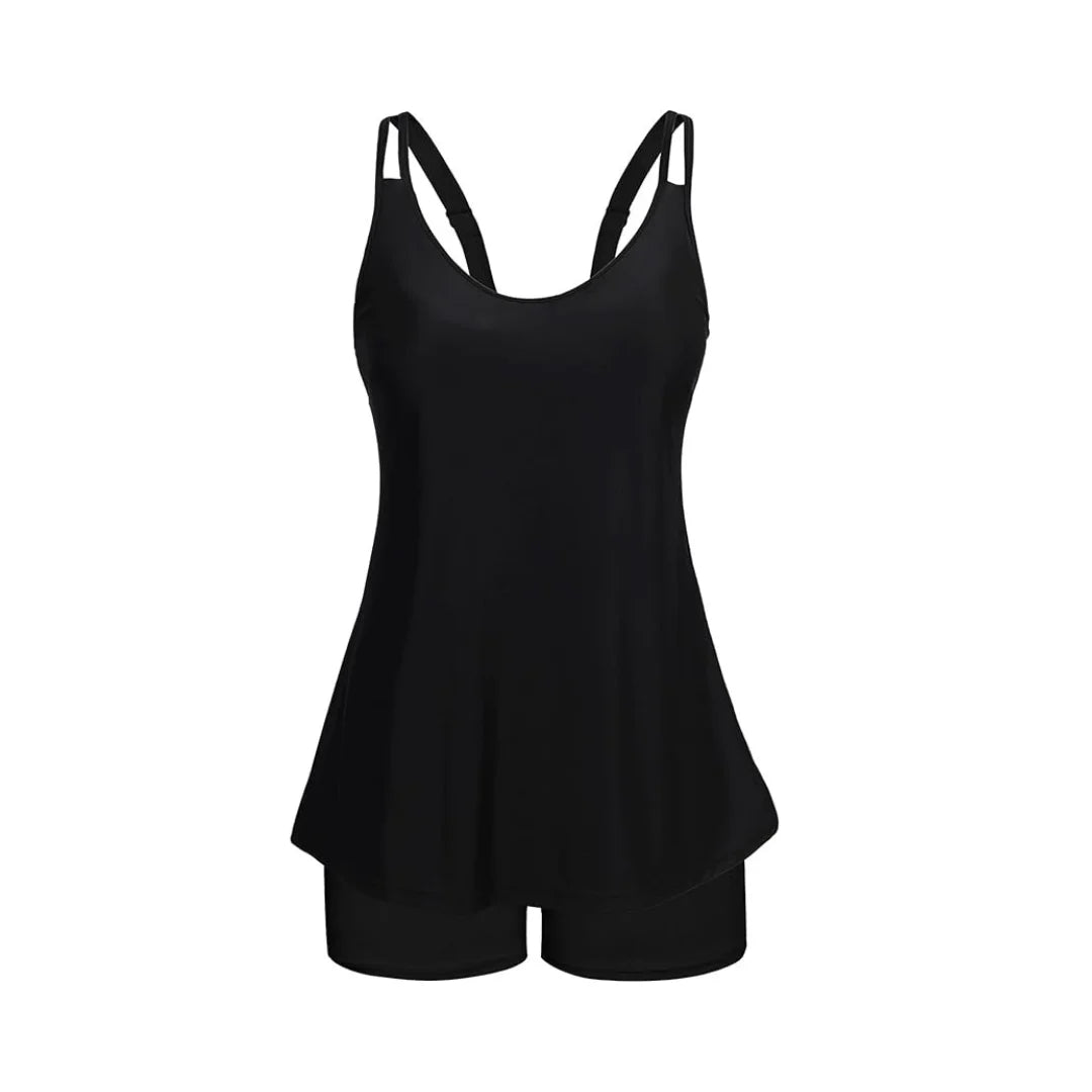 Rovarix women's black tankini bathing suit flared top double shoulder straps swim shorts