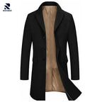 Rovarix men's black wool-blend overcoat knee-length notched lapel tan interior lining three-button