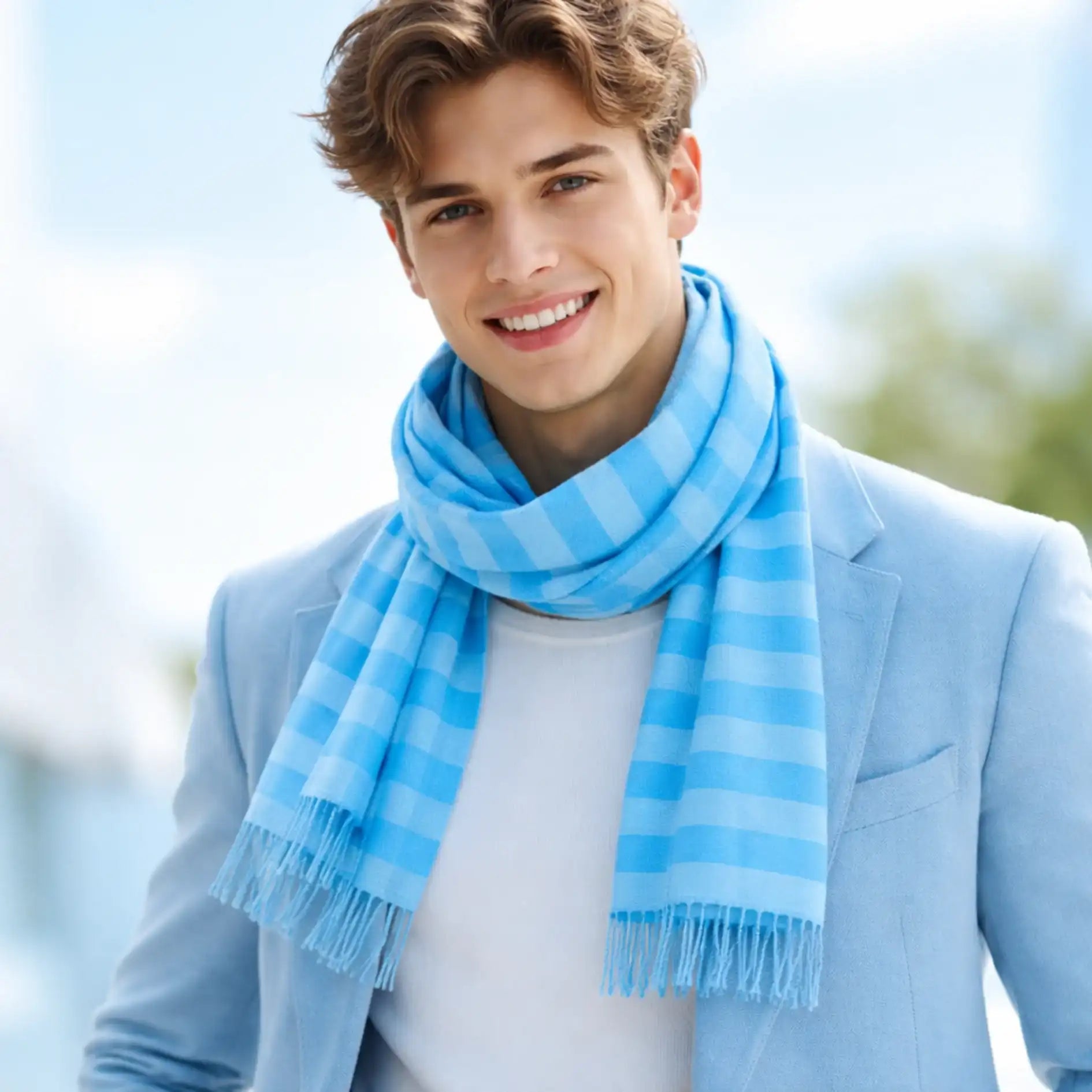 Smiling young man with brown hair wearing a light blue blazer and the Rovarix azure striped scarf.