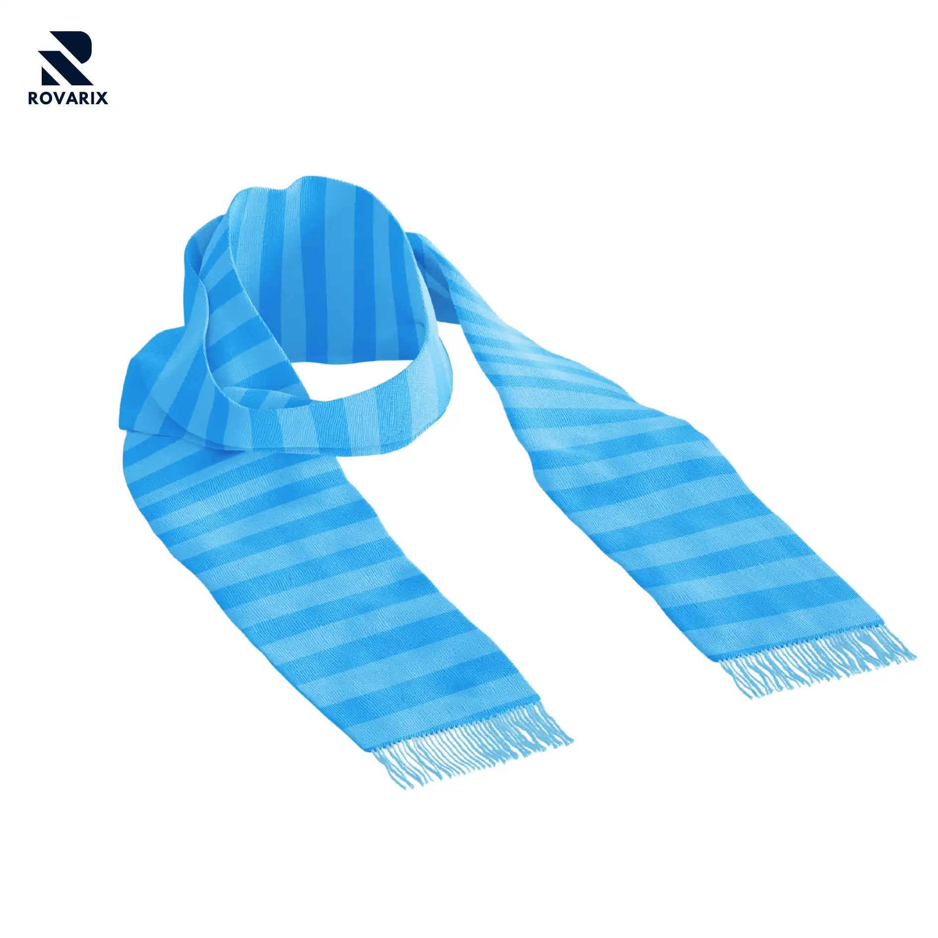  Sky blue and light cyan horizontal striped luxury scarf on a white background.