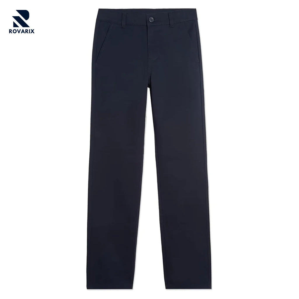 Rovarix men's navy blue chino pants straight-leg cotton twill stretch flat-front slant pockets