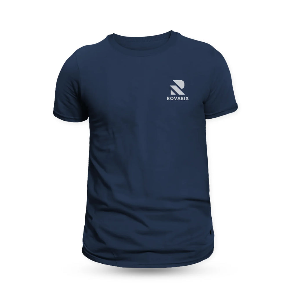 Rovarix navy blue crew neck t-shirt front view with white logo on chest