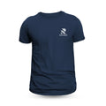 Rovarix navy blue crew neck t-shirt front view with white logo on chest
