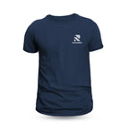 Rovarix navy blue crew neck t-shirt front view with white logo on chest