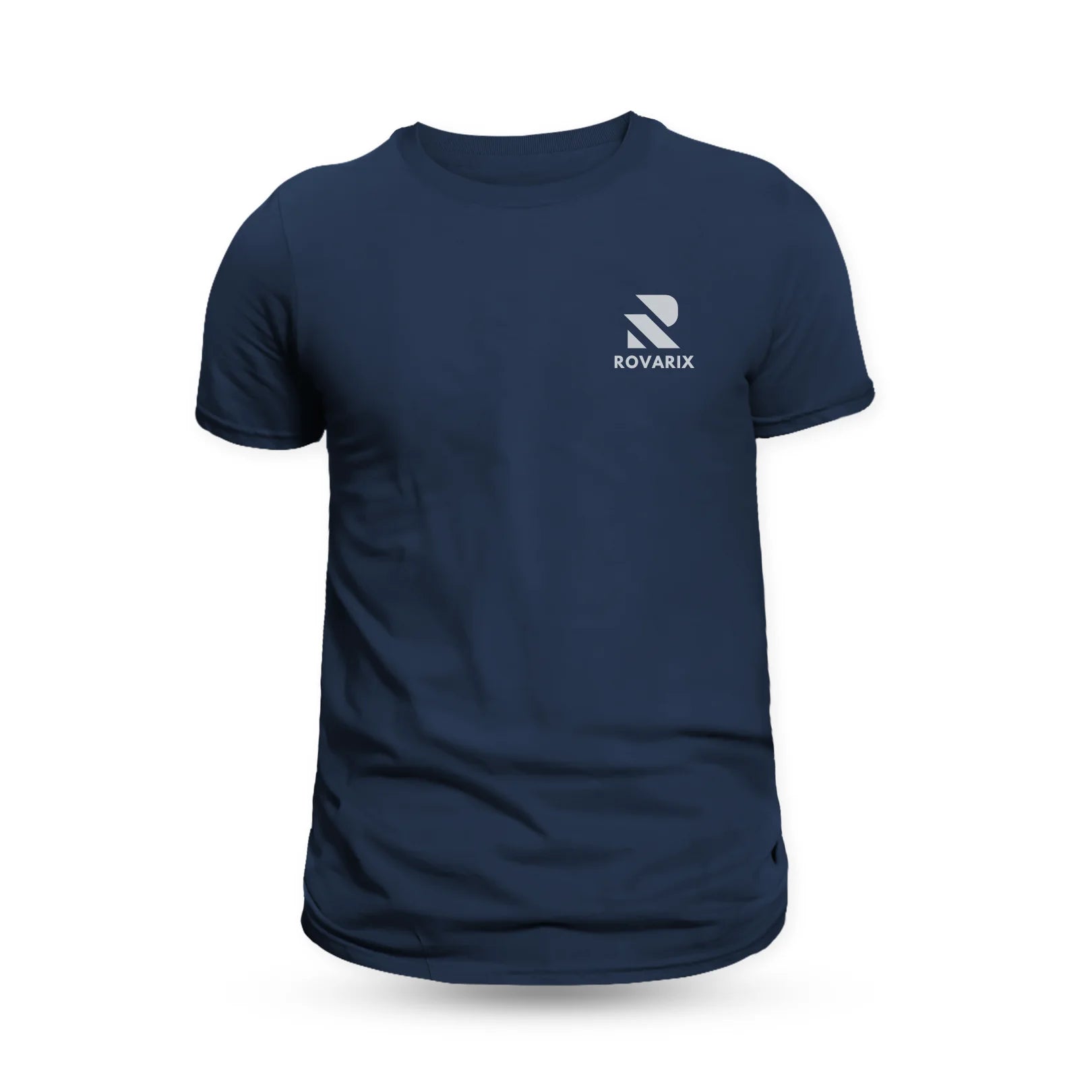 Rovarix navy blue crew neck t-shirt front view with white logo on chest