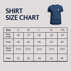 Shirt size chart with a blue t-shirt on a gray background