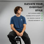 Man sitting on a stool wearing a blue t-shirt with text highlighting product features.