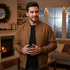 Man wearing Rovarix tan canvas bomber jacket holding coffee mug in cozy home interior