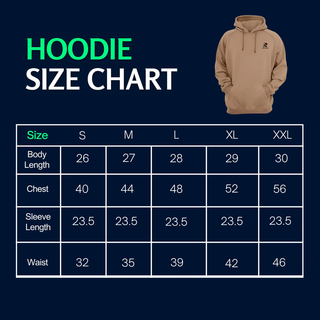 Hoodie size chart with a beige hoodie on a navy background