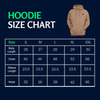 Hoodie size chart with a beige hoodie on a navy background