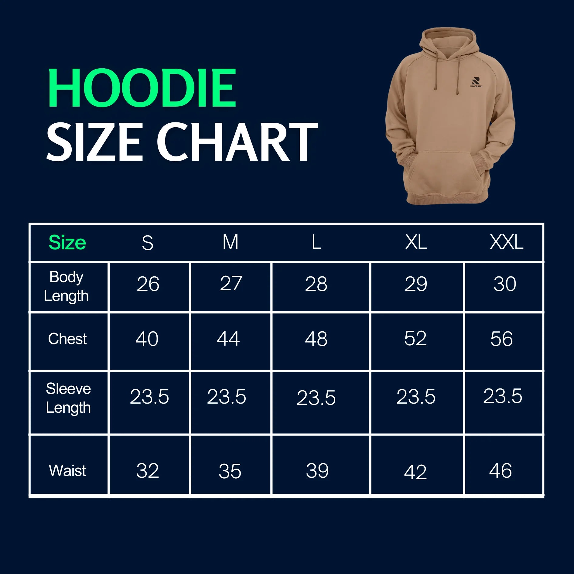 Hoodie size chart with a beige hoodie on a navy background