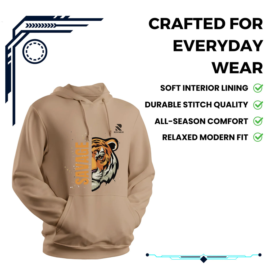 Rovarix camel colored hoodie Front view showing clean minimal design