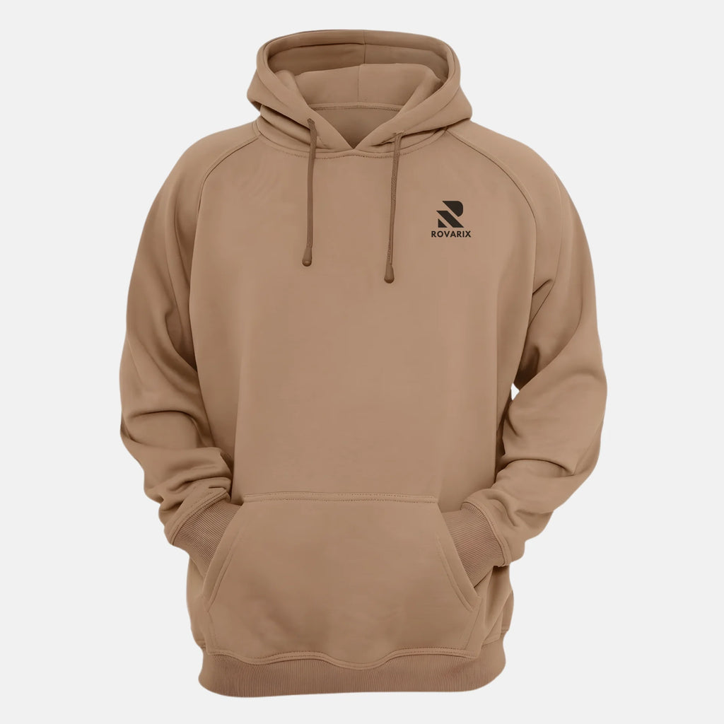 Rovarix tan pullover hoodie front view with black logo on chest