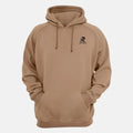 Rovarix tan pullover hoodie front view with black logo on chest
