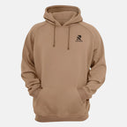 Rovarix tan pullover hoodie front view with black logo on chest