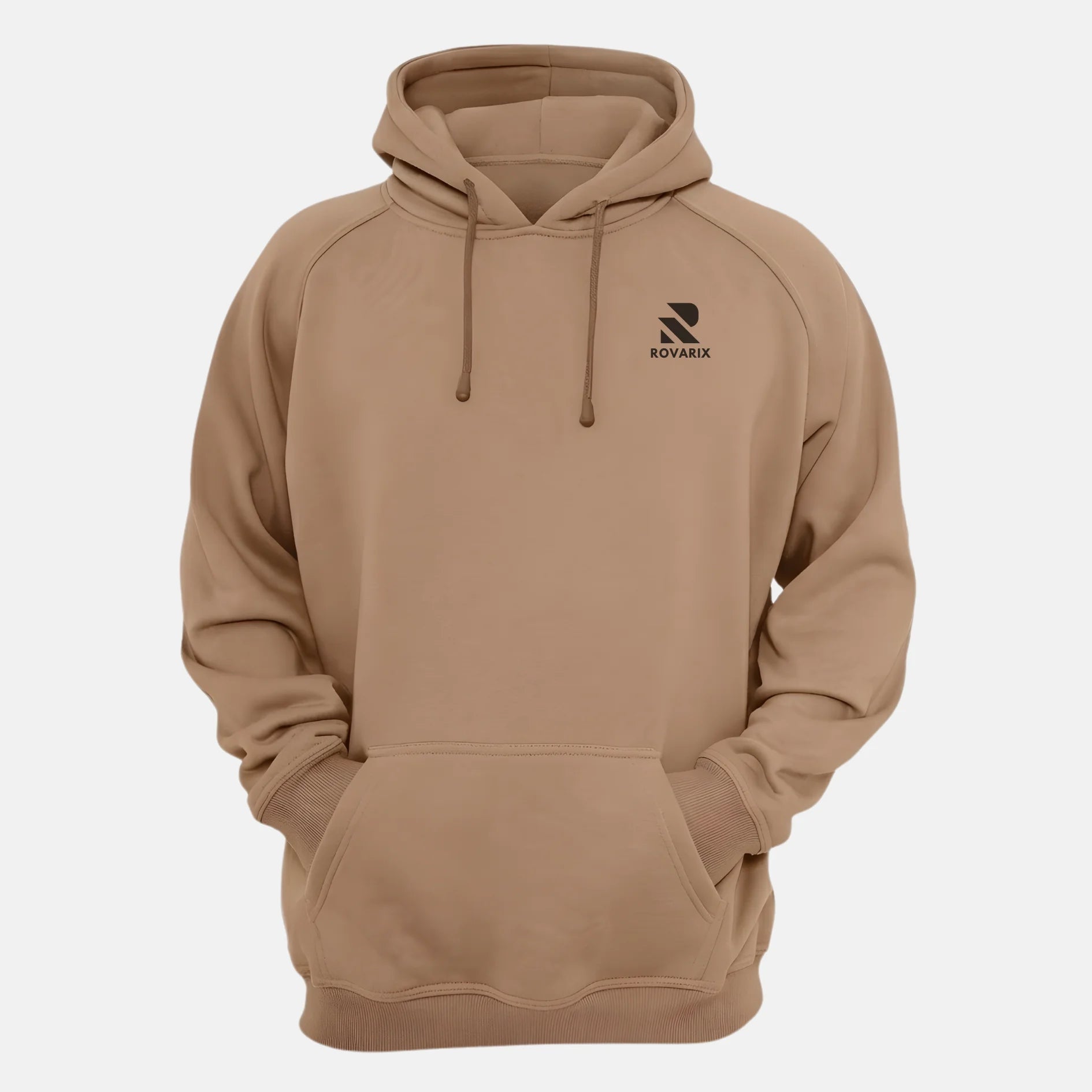 Rovarix tan pullover hoodie front view with black logo on chest