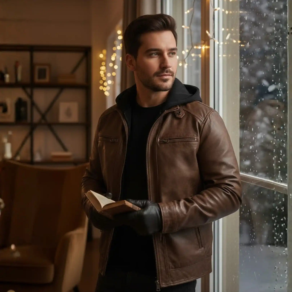 Man wearing Rovarix brown distressed leather moto jacket with removable black hood holding