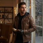 Man wearing Rovarix brown distressed leather moto jacket with removable black hood holding