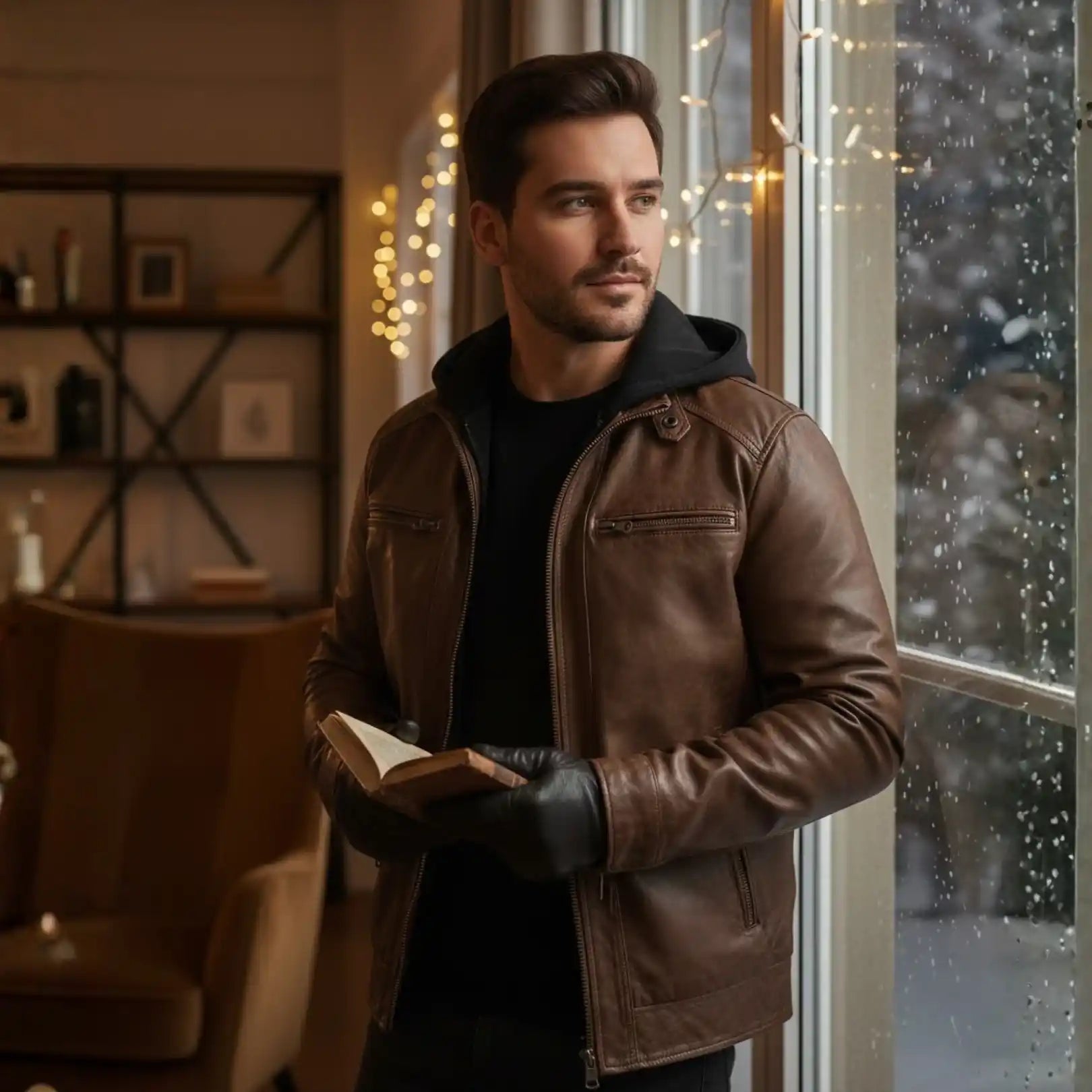 Man wearing Rovarix brown distressed leather moto jacket with removable black hood holding
