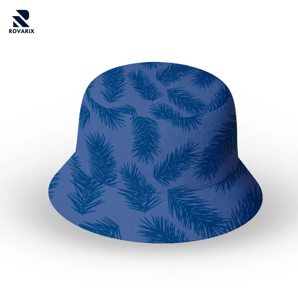 Rovarix blue bucket hat with tonal palm leaf tropical print pattern and wide brim