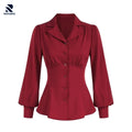 Rovarix women's burgundy peplum blouse puff sleeves button front ruched waist V-neck collar