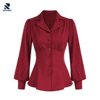 Rovarix women's burgundy peplum blouse puff sleeves button front ruched waist V-neck collar