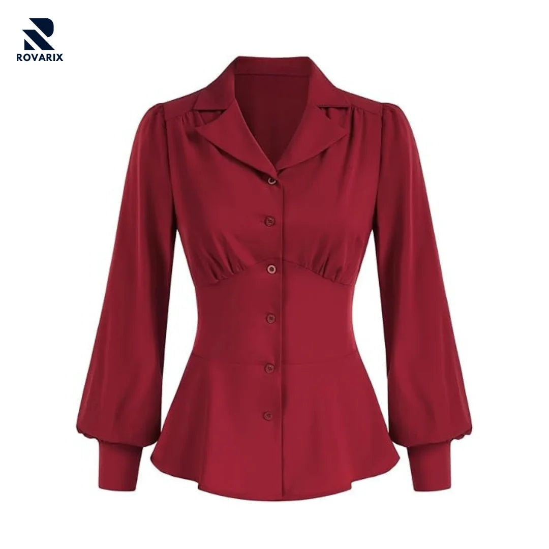 Rovarix women's burgundy peplum blouse puff sleeves button front ruched waist V-neck collar