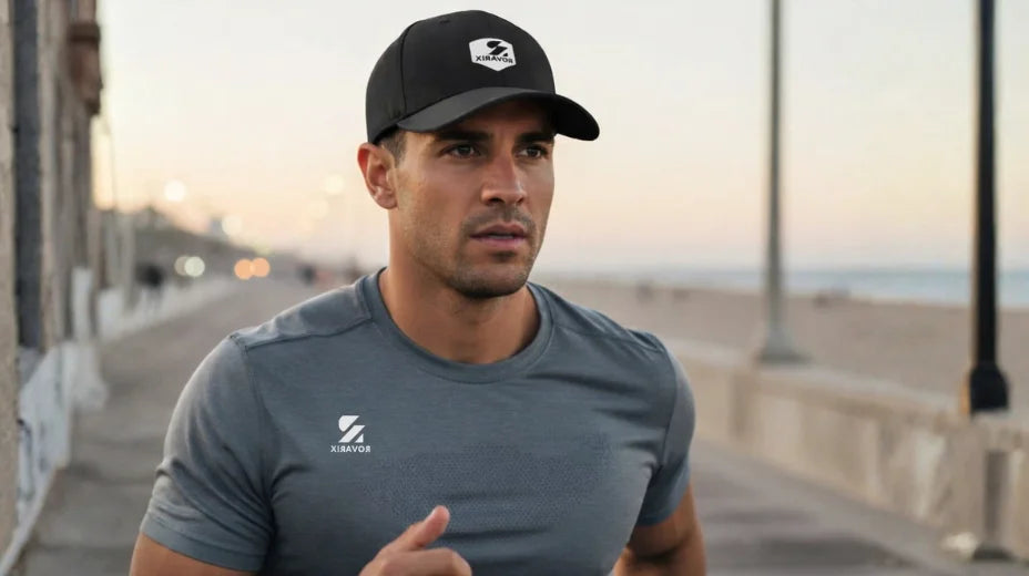 Man wearing a gray athletic shirt and black cap with a logo, standing on a street.
