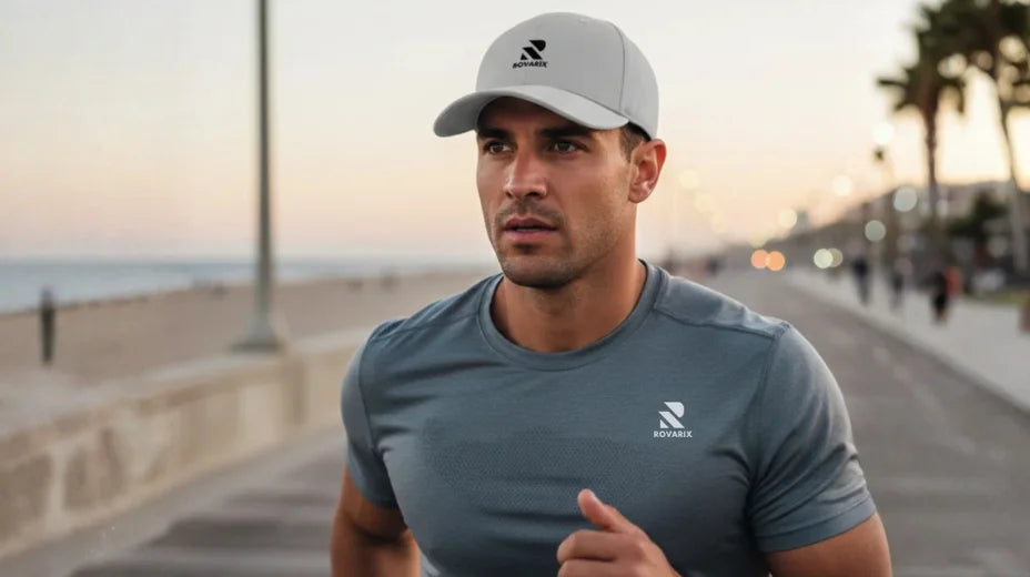 Man wearing a gray cap and shirt with a brand logo, standing on a coastal path.