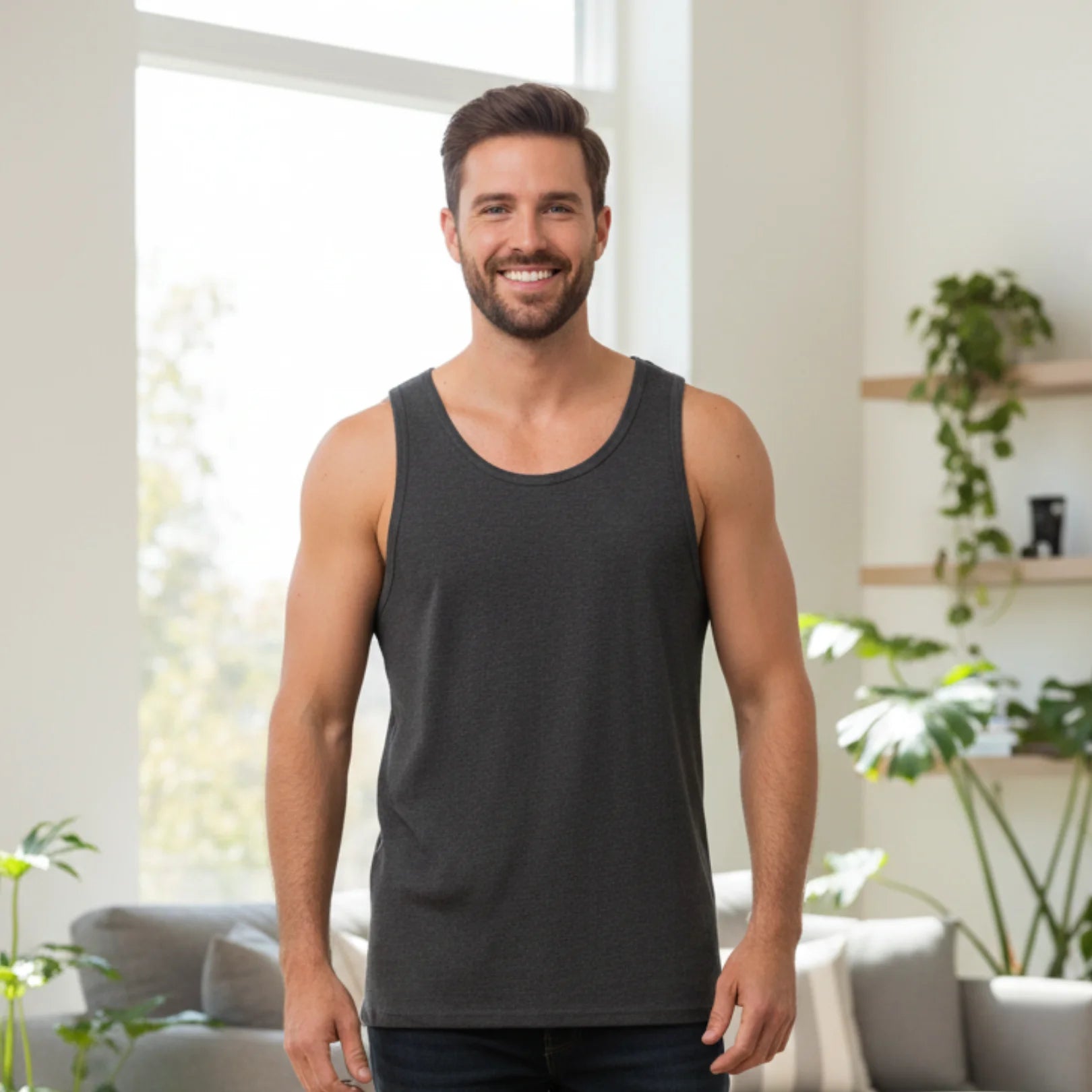 Man wearing Rovarix white ribbed cotton tank top holding coffee cup