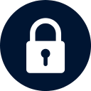 White lock icon on a blue circular background