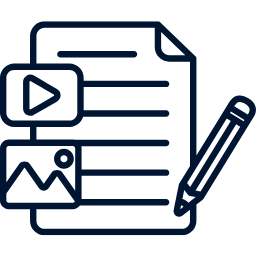 Icon of a document with a pencil, video play icon, and image icon.