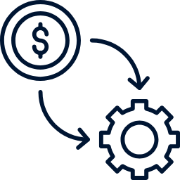 Icon of a dollar sign inside a circle connected to a gear with arrows, symbolizing financial process or system.