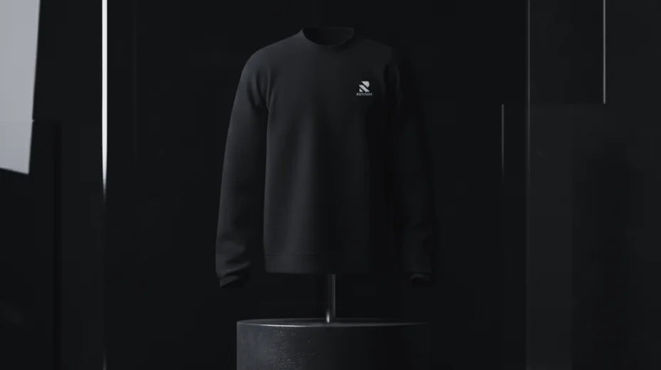 Black sweatshirt with a logo on a dark background