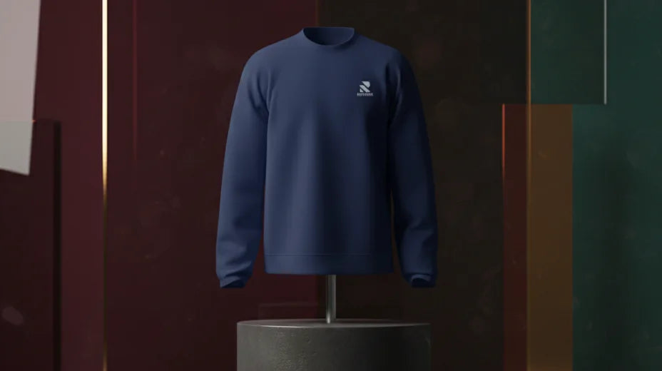 Blue sweatshirt on a mannequin against a dark background